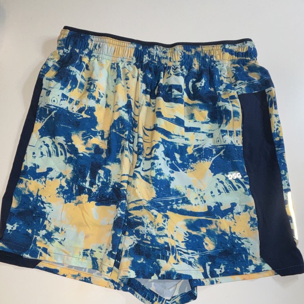 DSG Stride Short Men's S Blue Yellow Abstract 5" Inseam Drawstring Elastic